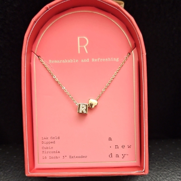 A New Day Gold Necklace with Heart and R Square Charm - Picture 1 of 3